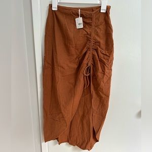 NEW Free People Natural Cerine Ruched High Waist Cotton Gauzy Midi Skirt 6 $98